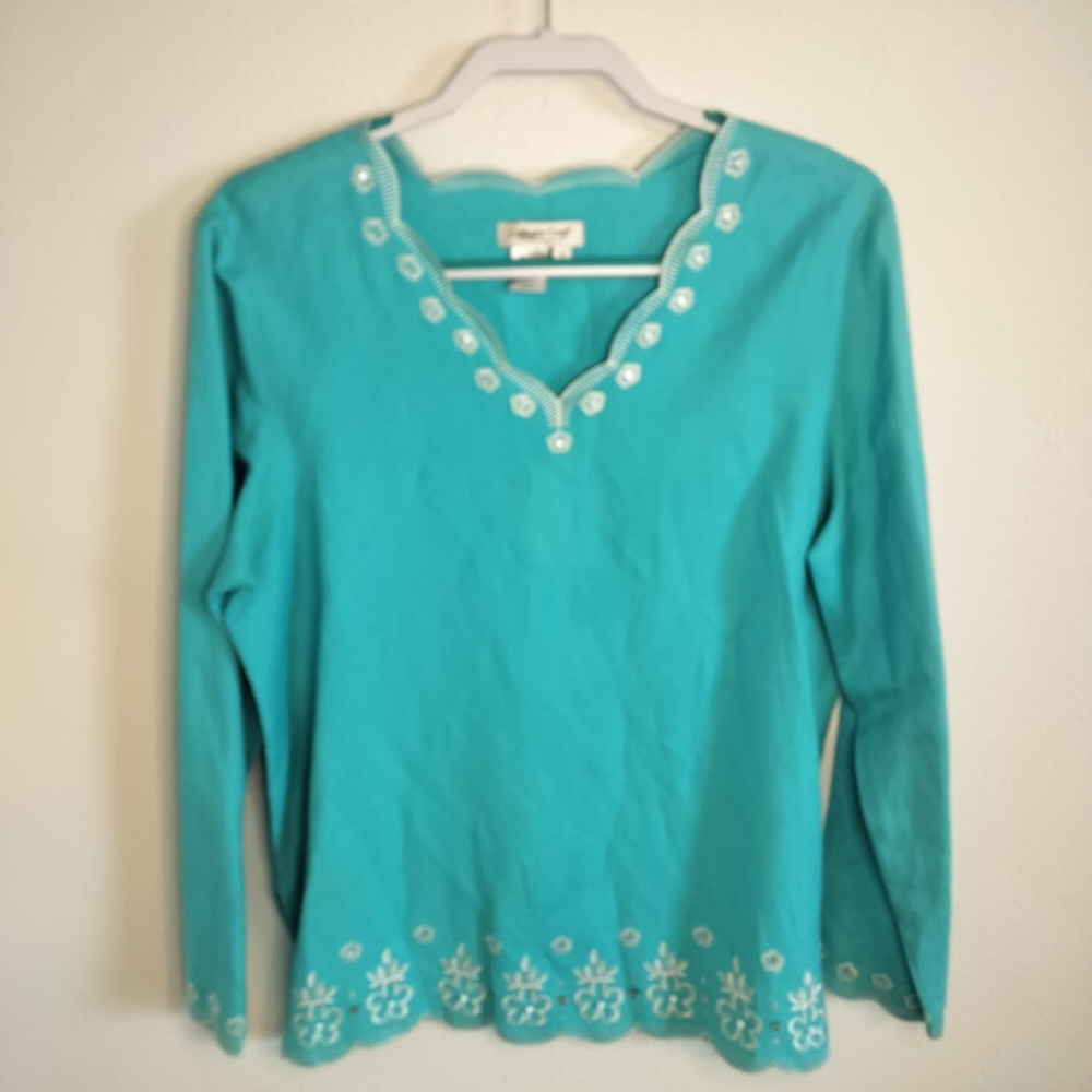Coldwater Creek EmbellishedTurquoise top Sz 14 Coastal Grandmother Boho Resort